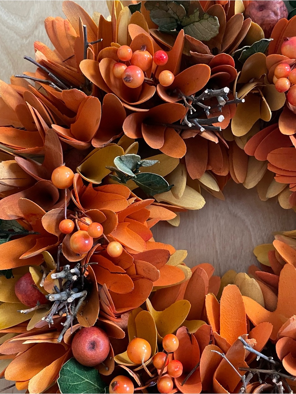Fall/Halloween/Thanksgiving Carved Wooden Flower/Berry Wreath - Picture 2 of 4